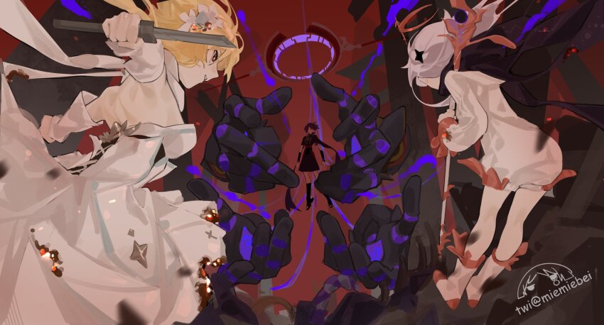 1boy 2girls armor battle black_bodysuit black_corset black_kimono black_leggings black_sandals black_scarf black_sleeves blonde_hair blue_trim blunt_ends bodysuit breasts broken broken_sword broken_weapon brown_eyes burnt_clothes cable clenched_hands corset cross-laced_clothes cross-laced_corset detached_sleeves diamond_hair_ornament dress dull_blade_(genshin_impact) extra_arms floating flower foreshortening furisode genshin_impact gold hair_flower hair_ornament halo han&#039;eri highres holding holding_staff holding_sword holding_weapon japanese_armor japanese_clothes jewelry kimono kote kurokote layered_kimono leggings levitation long_sleeves lumine_(genshin_impact) mechanical_arms mechanical_halo medium_breasts miemiebei multiple_girls neck_ring open_clothes open_kimono open_mouth paimon_(genshin_impact) purple_hair red_background red_kimono sandals scaramouche_(genshin_impact) scaramouche_(shouki_no_kami)_(genshin_impact) scarf shoes short_hair staff stirrup_legwear sword toeless_legwear twitter_username weapon white_dress white_flower white_hair white_romper white_scarf white_shoes white_sleeves zouri