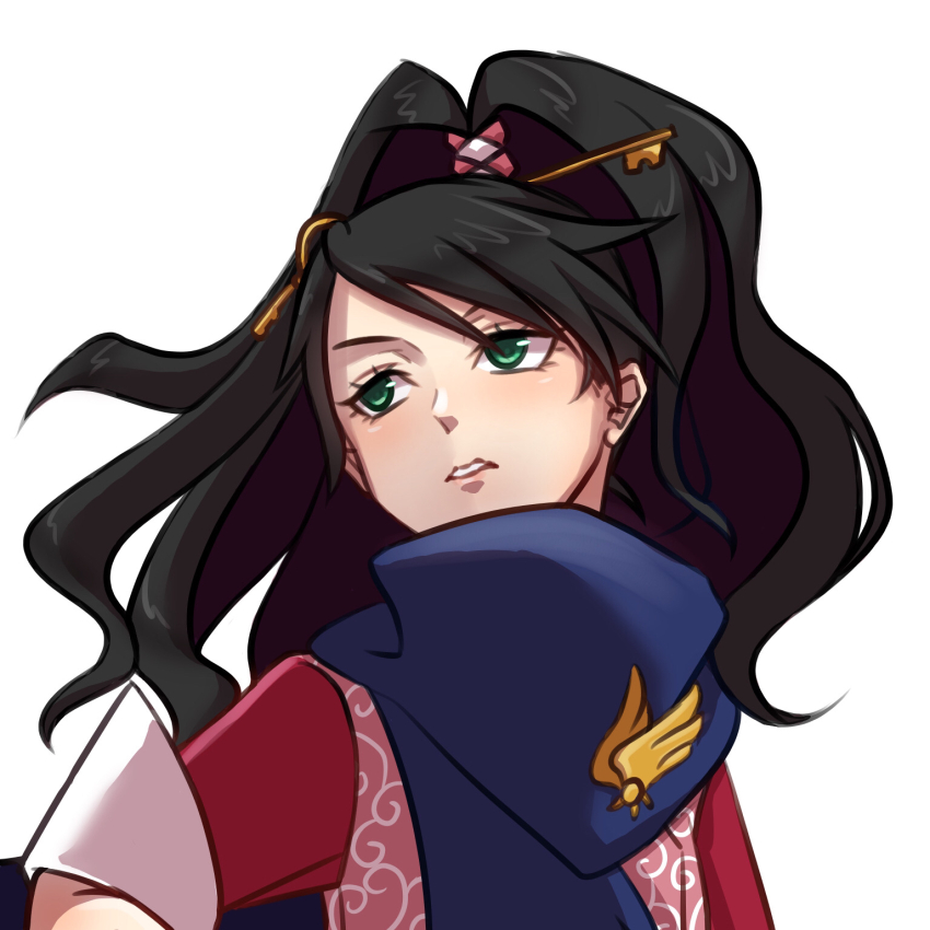 1girl ace_attorney ace_attorney_investigations black_hair blue_scarf green_eyes highres kay_faraday long_hair moon_white pink_vest ponytail scarf simple_background solo solo_focus upper_body vest white_background
