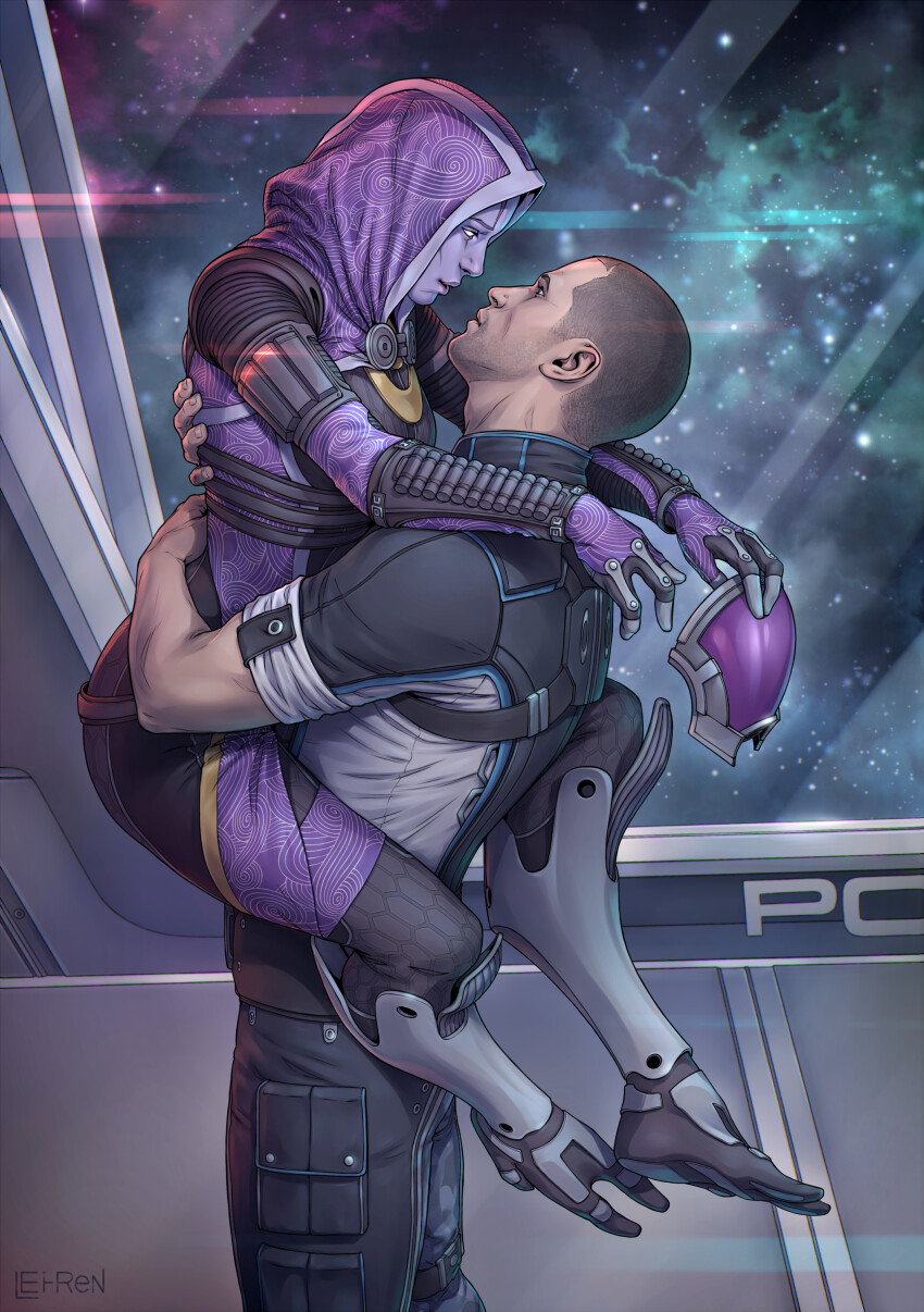 1boy 1girl absurdres alien artist_name bald colored_skin commander_shepard commander_shepard_(male) ekaterina_lyubenkova from_side highres hood hug interspecies lifting_person mass_effect_(series) purple_skin quarian short_sleeves space tali&#039;zorah