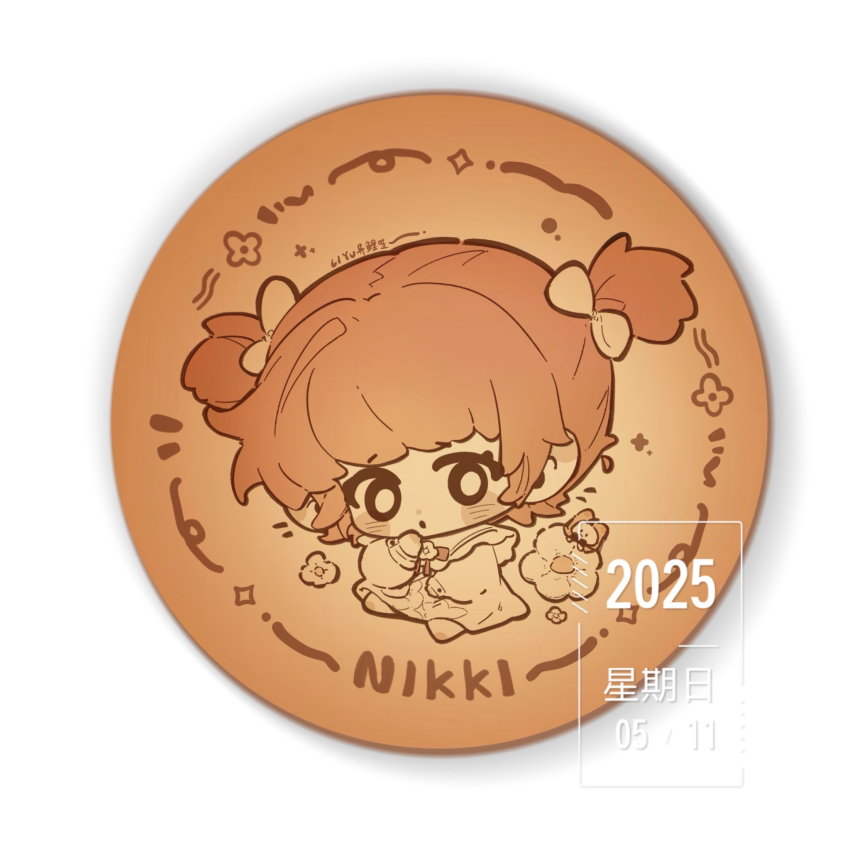1girl 2025 :o aged_down blunt_bangs blush_stickers bow brown_theme chibi child eyelashes flower frilled_sailor_collar frills hair_bow hand_on_own_chin highres long_sleeves looking_at_viewer monochrome nikki_(nikki) nikki_(series) open_mouth puffy_long_sleeves puffy_sleeves sailor_collar shining_nikki shirt short_hair short_twintails solo surprised tareme twintails watermark white_background yiliwa young_nikki_(shining_nikki)