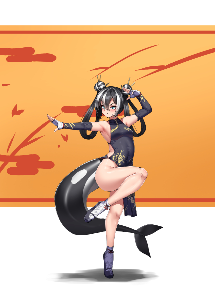 1girl absurdres aged_down alcyone_(last_origin) alternate_breast_size alternate_form armpits ballet_slippers black_hair blue_eyes blush breasts cetacean_tail china_dress chinese_clothes cho!cho! detached_sleeves double_bun dress fingerless_gloves fins fish_tail floral_print gloves hair_bun hair_ornament hair_rings hair_stick highres last_origin martial_arts multicolored_hair no_panties orca_girl revealing_clothes sideboob sideless_dress sideless_outfit small_breasts socks solo standing standing_on_one_leg tail two-tone_hair whale_girl white_gloves white_hair