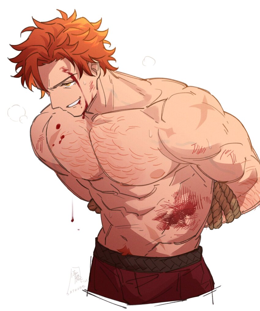 1boy absurdres arm_hair arms_behind_back blood blood_on_body blood_on_face bound bound_wrists chest_hair commentary cropped_legs dated blood_drip english_commentary fire_emblem fire_emblem:_three_houses from_side grin groin highres injury male_focus male_pubic_hair navel nintendo nipples orange_hair pants pectorals pubic_hair puff_of_air red_pants restrained satodee scar scar_on_chest scar_on_shoulder short_hair sideways_mouth signature simple_background smile solo sylvain_jose_gautier teeth topless_male twitter_username wavy_hair white_background yellow_eyes