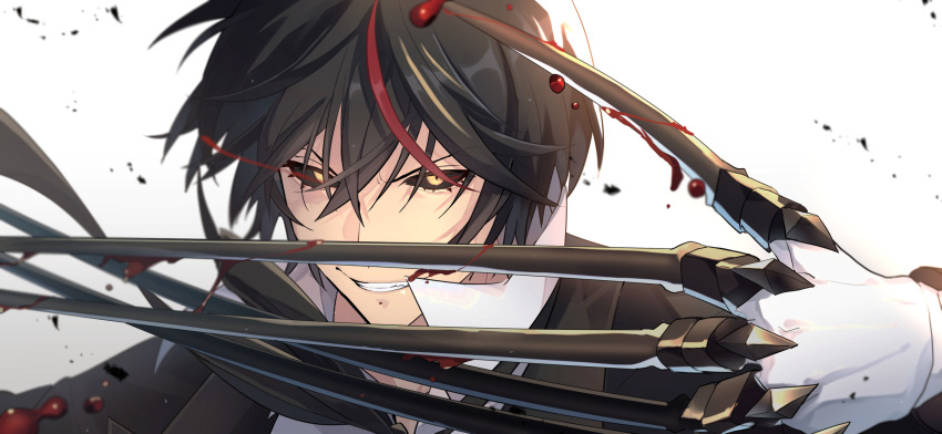 1boy black_hair black_sclera blood claw_(weapon) colored_sclera diablo_(tensura) gloves grin high_collar highres ou_negi short_hair smile solo tensei_shitara_slime_datta_ken v-shaped_eyebrows weapon white_gloves
