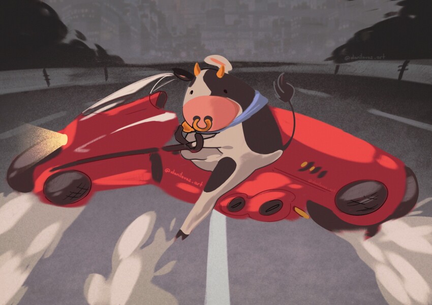 akira_(manga) akira_slide animal_ears bad_link bicycle building city cityscape cow cow_ears cow_hat cow_horns cow_tail danilo_vaz drifting dust_cloud highres highway horns kaneda_shoutarou&#039;s_bike mario_(series) mario_kart mario_kart_world moo_moo_(mario) motor_vehicle motorcycle nintendo nose_piercing nose_ring on_motorcycle outdoors parody piercing poster_parody riding riding_bicycle road scene_reference scenery skid_mark sky skyscraper sliding street tail udder wild_wiggler
