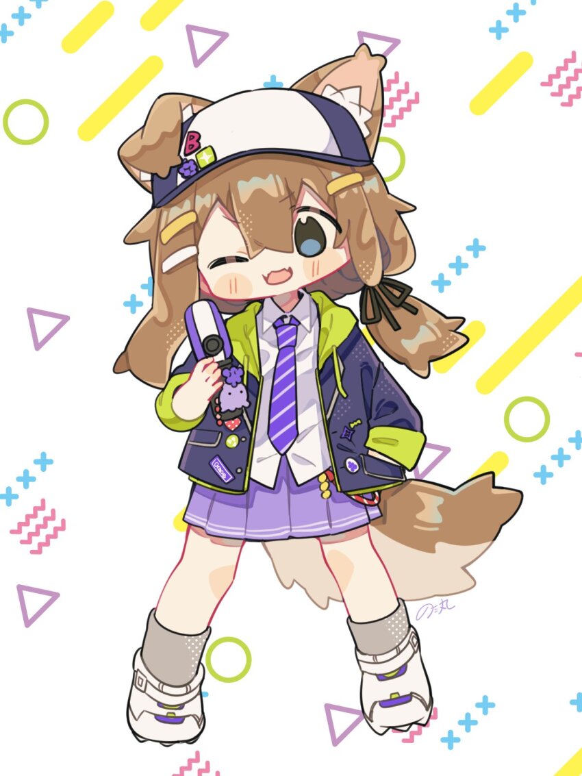 1girl ;d animal_ear_fluff animal_ears black_ribbon blue_eyes blue_hoodie blush_stickers brown_hair cellphone collared_shirt commentary_request dog_ears dog_girl dog_tail fangs flip_phone full_body green_hood grey_socks hair_ornament hair_ribbon hairclip hand_in_pocket hat highres holding holding_phone hood hood_down hoodie long_hair mamehinata notamaru_2 one_eye_closed open_clothes open_hoodie open_mouth parallel_hairclips phone pleated_skirt purple_skirt ribbon shirt shoes skin_fangs skirt smile socks solo standing tail vrchat white_background white_hat white_shirt white_shoes