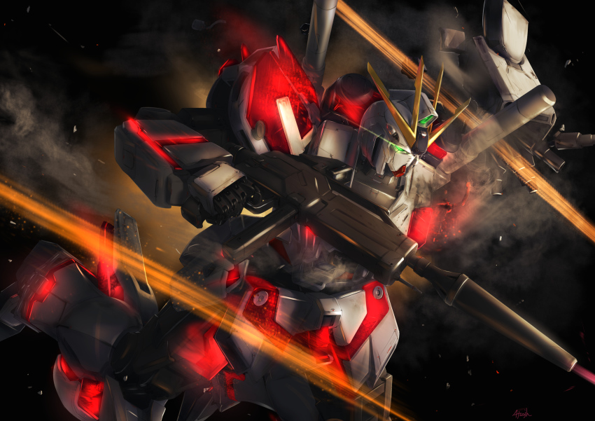 atsajh beam_rifle damaged energy_gun flying glowing glowing_eye green_eyes gun gundam gundam_narrative highres holding holding_gun holding_weapon mecha narrative_gundam no_humans nt-d robot solo space v-fin weapon