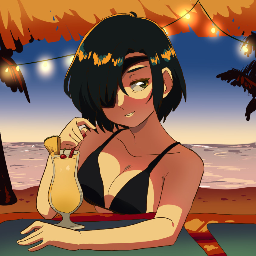 1girl bikini black_bikini black_hair breasts cleavage collarbone commentary_request drink eyepatch highres hilda_(outlaw_star) looking_at_viewer medium_breasts orange_eyes outdoors outlaw_star short_hair smile solo swimsuit user_deyk3877