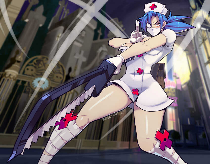 1girl artist_name bandaged_leg bandages blue_hair breasts butter_sugoi commentary cross dress eyepatch fighting_stance foreshortening furrowed_brow gloves hacksaw hat highres mask medical_eyepatch medium_breasts mouth_mask nurse nurse_cap ponytail red_cross red_eyes saw serious short_dress signature skullgirls solo valentine_(skullgirls) white_dress white_gloves