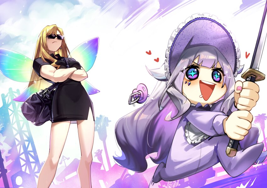 2girls :d absurdres adarin baby bag bib black_shirt black_skirt blonde_hair blush bonnet commentary cover_staff crossed_arms duffel_bag english_commentary face_jewel fairy_wings grey_hair heart highres holding holding_sword holding_weapon hololive hololive_english hololive_grand_theft_auto katana koseki_bijou long_hair multiple_girls onesie open_mouth outdoors pacifier purple_eyes running shirt shoulder_bag skirt skirt_set smile standing sunglasses sword virtual_youtuber weapon wings