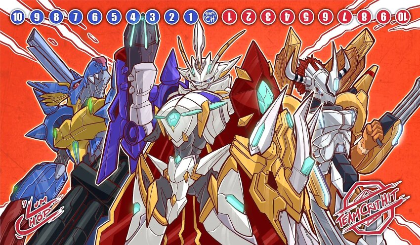 armor cannon claws digimon digimon_(creature) fusion highres horns looking_at_viewer metalgarurumon metalgarurumon_x-antibody omegamon omegamon_x-antibody sword wargreymon wargreymon_x-antibody weapon