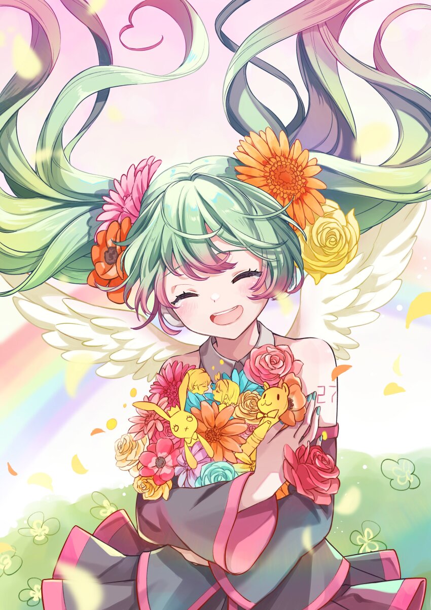 1girl absurdres ai_kotoba_ii_(vocaloid) black_skirt black_sleeves blue_nails closed_eyes detached_sleeves feathered_wings flower gradient_hair green_hair hair_flower hair_ornament hatsune_miku highres long_hair multicolored_hair nagitofuu open_mouth orange_flower pink_eyes pink_flower pink_trim skirt smile solo twintails very_long_hair vocaloid white_wings wings yellow_flower