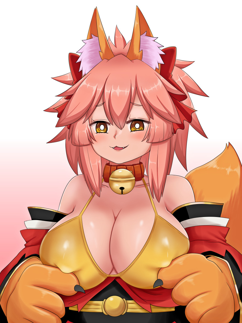 1girl absurdres animal_ear_fluff animal_ears animal_hands bare_shoulders bell bikini blush bow breasts cat_paws cleavage collar collarbone covered_erect_nipples fate/grand_order fate_(series) fox_ears fox_girl fox_tail gloves gold_bikini golden_week hair_between_eyes hair_bow hair_ribbon highres japanese_clothes jingle_bell keita_naruzawa kimono large_breasts long_hair looking_at_viewer neck_bell open_mouth paw_gloves pink_hair ponytail red_kimono red_ribbon ribbon shiny_swimsuit solo swimsuit tail tamamo_(fate) tamamo_cat_(fate) tamamo_cat_(first_ascension)_(fate) yellow_eyes