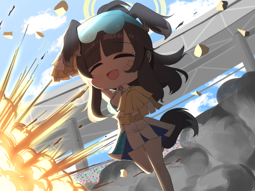 1girl animal_ears arm_up black_hair blue_archive blue_sky breasts cheering cheerleader closed_eyes day dog_ears dog_girl dog_tail explosion eyewear_on_head goggles goggles_on_head halo hibiki_(blue_archive) hibiki_(cheer_squad)_(blue_archive) highres holding holding_pom_poms medium_breasts miniskirt official_alternate_costume open_mouth outdoors pleated_skirt pom_pom_(cheerleading) pom_poms skirt sky smoke solo standing standing_on_one_leg star_sticker sticker_on_face tail tonguei white_skirt yellow_halo