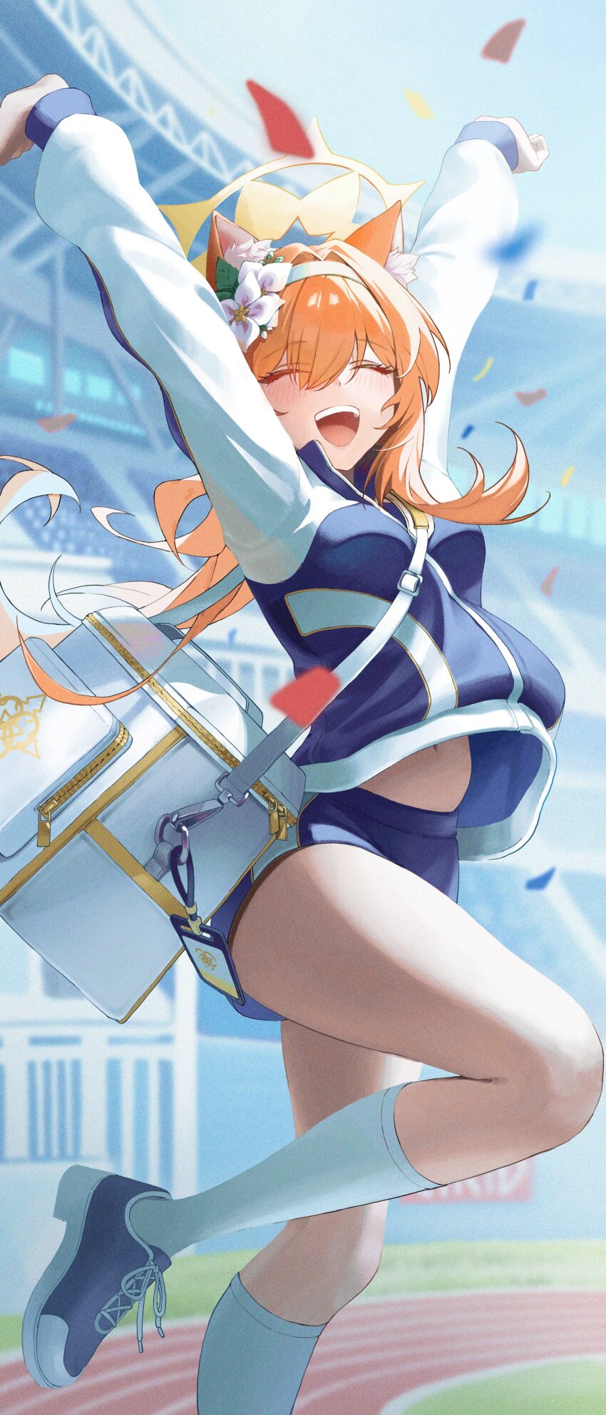 1girl 4meart0112 absurdres animal_ears arms_up blue_archive blue_jacket blue_shorts cat_ears closed_eyes commentary confetti flower hair_between_eyes hair_flower hair_ornament hairband halo highres jacket knee_up mari_(blue_archive) mari_(track)_(blue_archive) multicolored_jacket navel open_mouth orange_hair shorts socks solo sportswear standing standing_on_one_leg stomach teeth track_jacket two-tone_jacket upper_teeth_only white_flower white_hairband white_socks yellow_halo