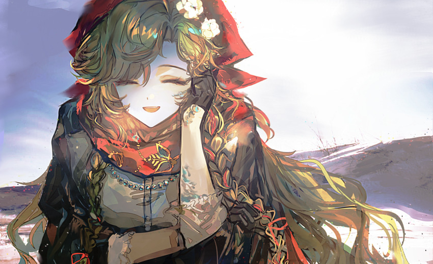 1girl ^_^ blonde_hair blue_sky brown_gloves brown_jacket closed_eyes cloud cloudy_sky flower gloves hair_flower hair_ornament hand_on_own_arm hand_on_own_head headscarf highres hill jacket long_hair open_mouth outdoors red_headscarf red_scarf reverse:1999 scarf shirt sky solo upper_body very_long_hair vila_(reverse:1999) weiyan_(nbnbmwnl) white_flower white_shirt