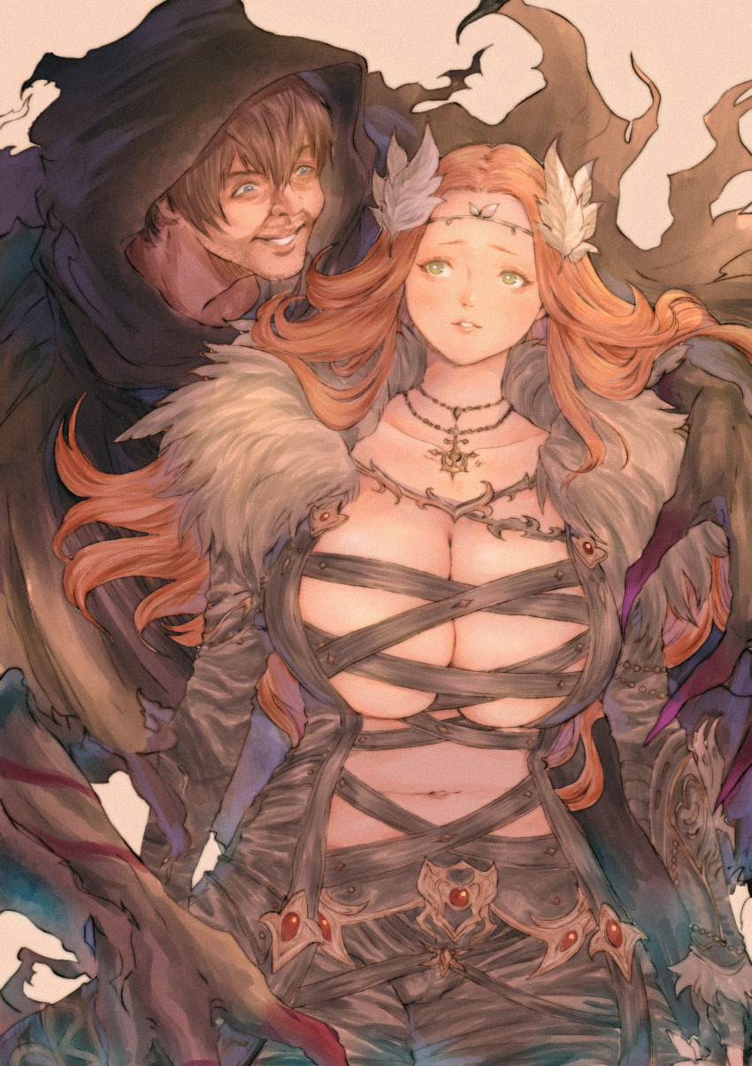 1boy 1girl alternate_costume breasts cleavage final_fantasy final_fantasy_xiv fur_collar green_eyes gusty10rk hair_ornament highres huge_breasts jewelry leaf_hair_ornament long_hair looking_at_another navel necklace nophica orange_hair reaper_(final_fantasy) reaper_avatar_(ff14)