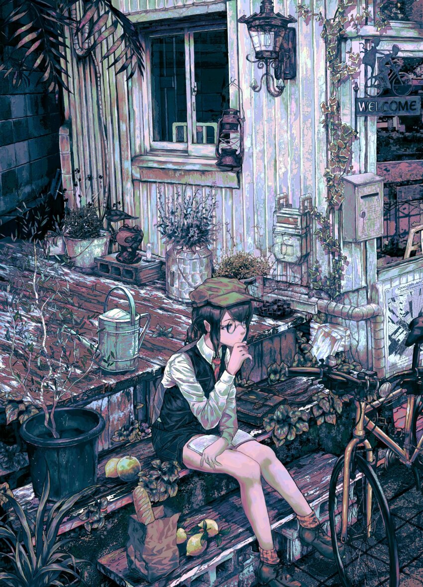 1girl atsuki0814 bag bare_legs basket bicycle black-framed_eyewear black_eyes black_footwear black_hair black_shorts black_vest book bright_pupils bucket newsboy_cap cinder_block coal collared_shirt commentary_request denim denim_shorts food fruit glasses green_hat hand_on_own_chin hat highres house industrial_pipe knees lantern leaf lemon long_hair long_sleeves looking_ahead mailbox_(incoming_mail) neckerchief open_book orange_socks original outdoors paper_bag plant ponytail potted_plant red_neckerchief round_eyewear scenery shirt shoes shorts sidelocks sign sitting sitting_on_stairs socks stairs striped_clothes striped_socks thinking tile_floor tiles v-neck vertical-striped_clothes vertical-striped_socks vest vines watering_can white_pupils white_shirt