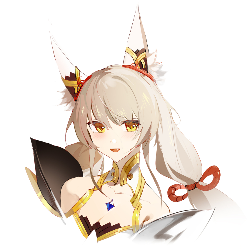 1girl :d animal_ear_fluff animal_ears bare_shoulders breasts brown_hair cleavage collarbone commentary_request cropped_torso fangs hako_(misheyes) highres long_hair looking_at_viewer nia_(blade)_(xenoblade) nia_(xenoblade) open_mouth simple_background small_breasts smile solo upper_body white_background xenoblade_chronicles_(series) xenoblade_chronicles_2 yellow_eyes