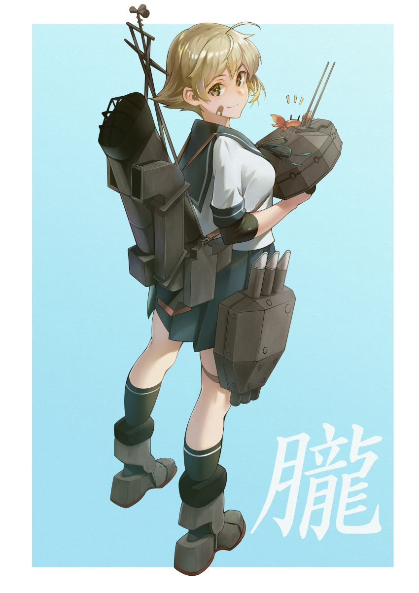 1girl absurdres adapted_turret bandaid bandaid_on_cheek bandaid_on_face black_socks blue_skirt breasts brown_eyes brown_hair cannon crab crab_on_shoulder echo-kilo flipped_hair highres kantai_collection mast medium_breasts miniskirt oboro_(kancolle) pleated_skirt rigging school_uniform serafuku short_hair short_sleeves skirt smile smokestack socks solo thigh_strap torpedo_launcher