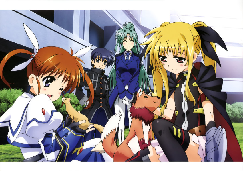 2boys 4girls absurdres arakaki_issei arf arm_belt belt black_gloves black_hair black_legwear blonde_hair blue_eyes blush brown_hair cape chrono_harlaown closed_eyes dog facial_mark fate_testarossa fate_testarossa_(lightning_form)_(2nd) ferret fingerless_gloves forehead_jewel forehead_mark gloves green_hair hair_intakes hair_ribbon hand_on_own_hip headpat highres jacket lindy_harlaown long_hair lyrical_nanoha magical_girl mahou_shoujo_lyrical_nanoha mahou_shoujo_lyrical_nanoha_a&#039;s mahou_shoujo_lyrical_nanoha_the_movie_2nd_a&#039;s megami_magazine military military_uniform mother_and_son multiple_boys multiple_girls necktie official_art okuda_yasuhiro one_eye_closed open_clothes open_jacket ponytail purple_eyes red_eyes red_hair ribbon short_hair short_twintails skirt smile spikes takamachi_nanoha takamachi_nanoha_(sacred_mode)_(2nd) thighhighs twintails white_gloves wink yuuno_scrya