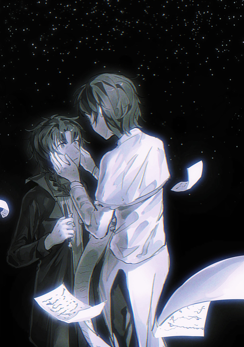 1boy 1girl black_background braid capelet chinese_commentary chromatic_aberration coat commentary_request greyscale hands_on_another&#039;s_cheeks hands_on_another&#039;s_face harada_minoru highres holding holding_pen isoi_rai long_sleeves monochrome open_clothes open_coat papers pen saibou_shinkyoku short_hair side_braid single_braid star_(sky) youshendesu