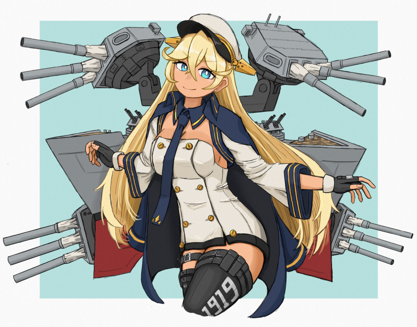 1girl azur_lane black_gloves blonde_hair blue_eyes blue_necktie buttons closed_mouth dark-skinned_female dark_skin fingerless_gloves gloves hat highres long_hair long_sleeves looking_at_viewer nagabegi_(ryuuboku) necktie peaked_cap rigging ship_turret smile solo tennessee_(azur_lane) white_hat