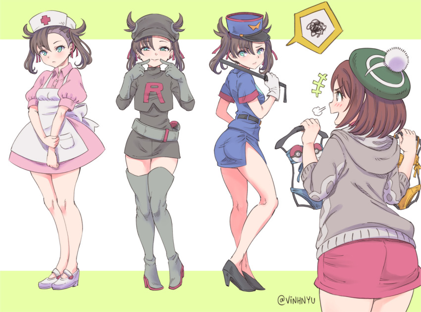 +++ 2girls alternate_costume apron aqua_eyes artist_name bikini black_hair blush boots brown_hair cosplay embarrassed female_pervert finger_to_mouth full_body gloria_(pokemon) jenny_(pokemon) jenny_(pokemon)_(cosplay) joy_(pokemon) joy_(pokemon)_(cosplay) long_sleeves marnie_(pokemon) miniskirt multiple_girls nintendo nurse open_mouth pervert pokemon pokemon_swsh police police_uniform short_twintails skirt smile speech_bubble swimsuit take_your_pick team_rocket team_rocket_grunt team_rocket_grunt_(cosplay) team_rocket_uniform thigh_boots thighhighs thought_bubble twintails vinhnyu yuri zettai_ryouiki