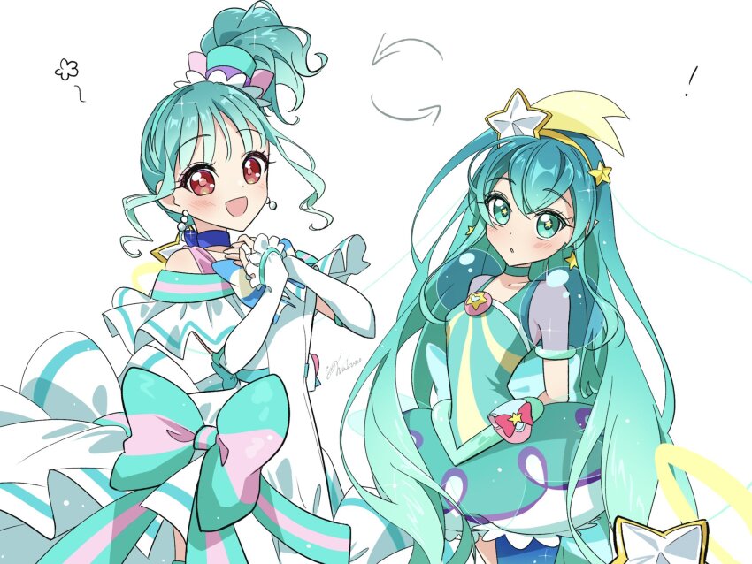 ! 2girls alternate_hairstyle aqua_bow aqua_choker aqua_dress aqua_eyes aqua_hair aqua_hairband aqua_hat aqua_pantyhose arm_warmers arms_behind_back arrow_(symbol) blue_choker blush bow brooch bubble_skirt chest_bow choker color_connection cowboy_shot crossover crown_earrings cure_lillian cure_milky detached_sleeves dress dress_bow earrings flower hagoromo_lala hair_between_eyes hair_color_connection hair_ornament hairband hairstyle_switch hands_on_own_chest hat heart heart_brooch highres in-franchise_crossover jewelry long_hair magical_girl medium_hair mini_hat mini_top_hat multicolored_bow multiple_girls nekoyashiki_mayu open_mouth pantyhose pointy_ears ponytail pouch precure puffy_short_sleeves puffy_sleeves red_eyes ribbon_choker see-through_clothes see-through_sleeves short_ponytail short_sleeves side-by-side simple_background single_leg_pantyhose skirt smile star-shaped_pupils star_(symbol) star_earrings star_hair_ornament star_in_eye star_twinkle_precure striped_bow symbol-shaped_pupils symbol_in_eye thighhighs top_hat wakuno_lemon white_arm_warmers white_background white_dress wonderful_precure! yellow_hairband