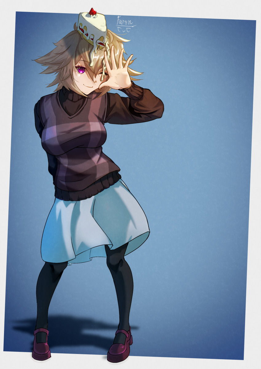 1girl absurdres arm_behind_back arm_up artist_name black_pantyhose black_sweater blonde_hair blue_background blue_skirt border breasts cake cake_on_head cake_slice closed_mouth commentary english_commentary faron food food_on_head full_body grey_sweater_vest hair_flaps highres looking_at_viewer mary_janes medium_breasts object_on_head one_eye_closed pantyhose plaid_clothes plaid_sweater_vest purple_eyes purple_shoes shoes short_hair sidelocks simple_background skirt smile solo standing sweater sweater_vest turtleneck turtleneck_sweater urotsuki white_border yume_2kki