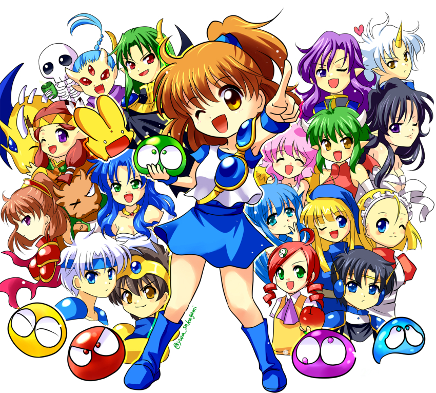 andou_ringo angel_wings arle_nadja blonde_hair blue_eyes blue_hair brown_hair carbuncle_(puyopuyo) character_request doppelganger_arle draco_centauros green_eyes green_hair harpy_(puyopuyo) highres horns kikimora_(puyopuyo) lagnus_the_brave madou_monogatari maid minotaur_(puyopuyo) multiple_girls pink_hair ponytail puyo_(puyopuyo) puyopuyo red_eyes red_hair rulue_(puyopuyo) sakagami_yuura satan_(puyopuyo) schezo_wegey serilly_(puyopuyo) skeleton_t white_hair wings witch_(puyopuyo) yellow_eyes