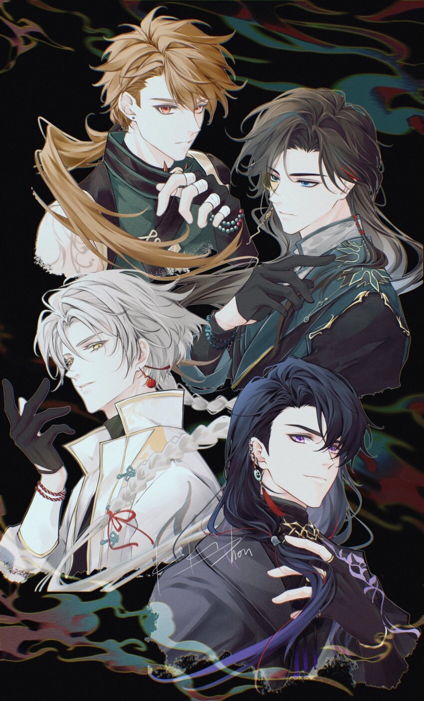 4boys artem_wing_(tears_of_themis) bead_bracelet beads black_background black_gloves black_hair black_jacket black_shirt blue_eyes bracelet brown_hair commentary_request fingerless_gloves gloves grey_hair half-closed_eyes highres jacket jewelry kikizhouu long_hair luke_pearce_(tears_of_themis) male_focus marius_von_hagen_(tears_of_themis) multiple_boys purple_eyes red_eyes shirt tears_of_themis vyn_richter_(tears_of_themis) white_jacket yellow_eyes
