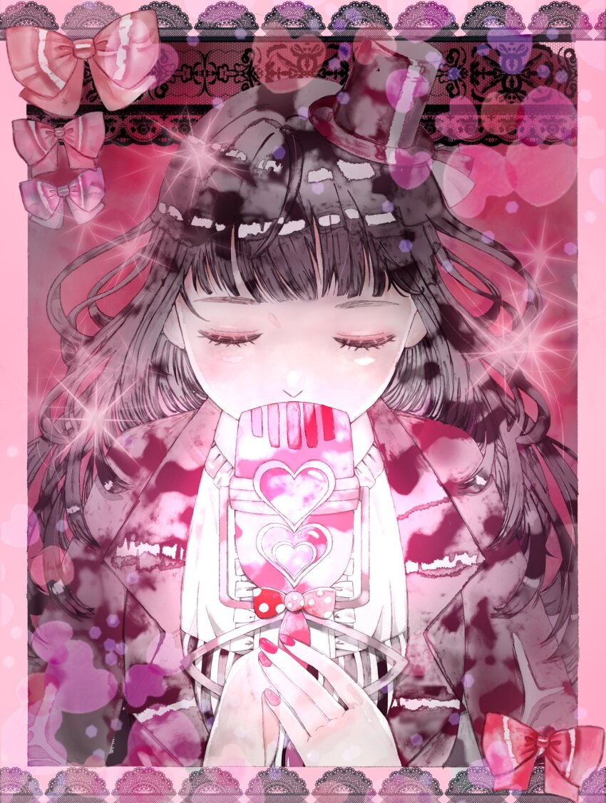 1girl black_hair blunt_bangs border bow classicaloid closed_eyes eyelashes hat heart highres long_hair long_sleeves microphone_stand mini_hat mini_top_hat mob_ojisan_(0afja3rwbuj4oji) nostrils pink_border pink_bow red_nails solo sparkle tekla_badarzewska-baranowska_(classicaloid) top_hat upper_body