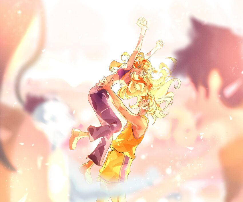 1boy 1girl 2boys 2girls absurdres basketball_uniform blonde_hair carrying carrying_person highres long_hair los_angeles_lakers monkey_d._luffy multiple_boys multiple_girls nami_(one_piece) nico_robin one_piece sanam_1piece sanji_(one_piece) sportswear