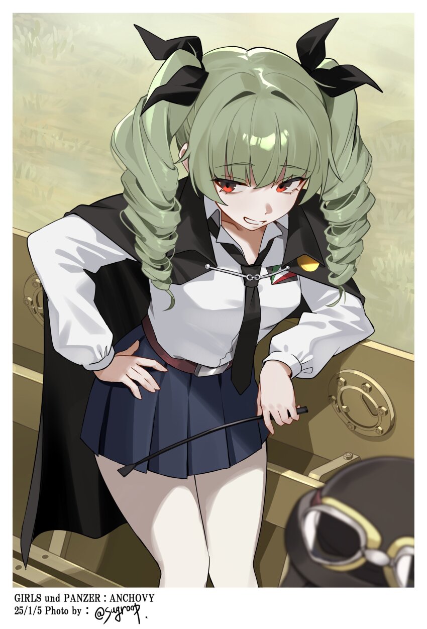 1girl absurdres against_wall anchovy_(girls_und_panzer) anzio_school_uniform belt belt_buckle black_cape black_necktie black_ribbon black_skirt blue_skirt brown_belt buckle cape collared_shirt drill_hair fake_photograph girls_und_panzer green_hair hair_ribbon hand_on_own_hip helmet highres holding holding_whip leaning_on_object long_hair miniskirt motor_vehicle necktie on_truck open_mouth pantyhose pleated_skirt red_eyes ribbon school_uniform shirt signature skirt smile tamusuguru tank_helmet truck twin_drills twintails white_pantyhose white_shirt