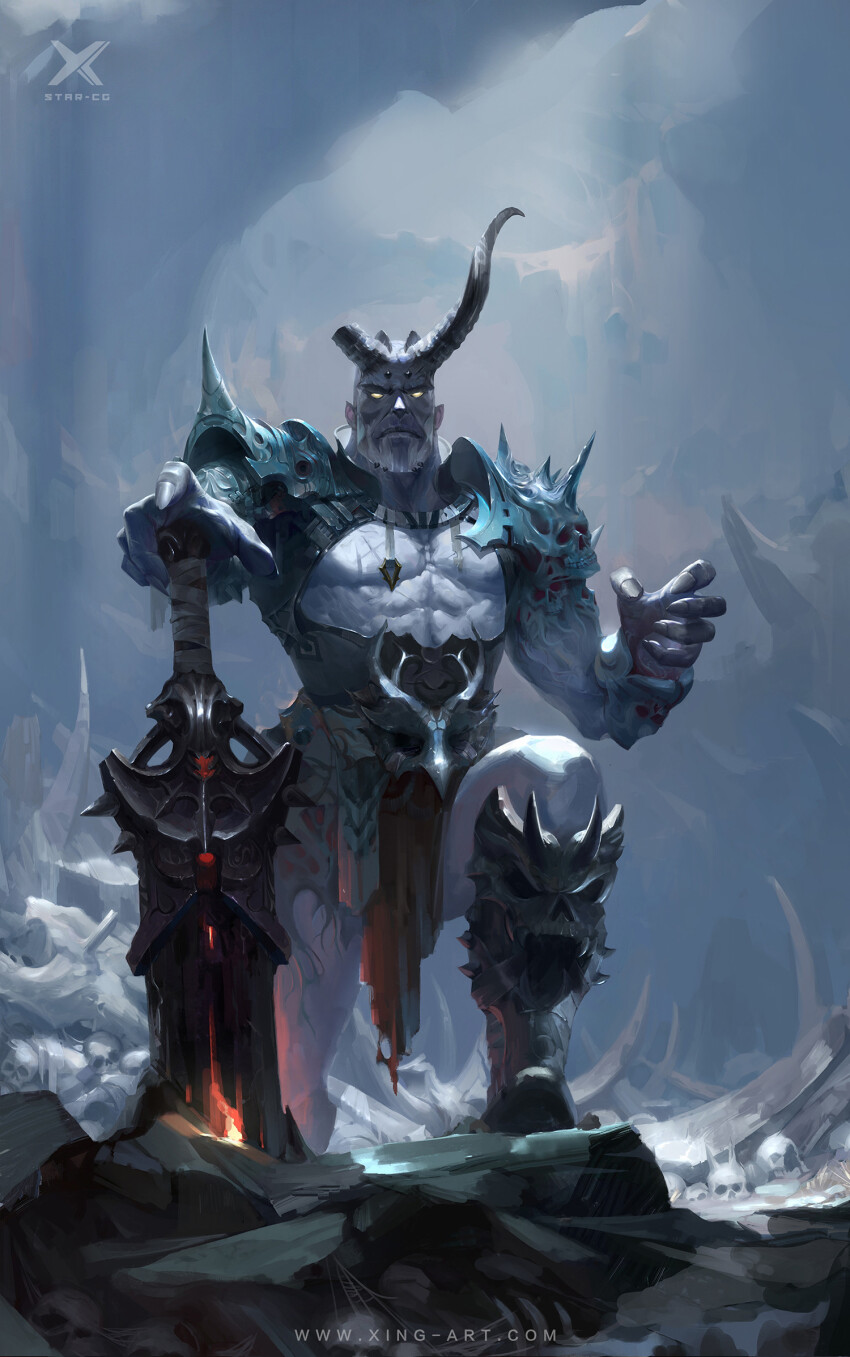 1boy abs armored_boots artist_name bare_pectorals beard black_boots black_horns black_loincloth boots broken_horn character_request chinese_commentary closed_mouth cloud cloudy_sky commentary_request copyright_request dated_commentary demon_horns facial_hair fantasy fingernails foot_up frown full_body grey_hair highres holding holding_sword holding_weapon horns huge_weapon knee_boots large_horns light_rays male_focus muscular muscular_male mustache pale_skin pectorals pointy_ears realistic short_hair skull sky solid_eyes solo spiked_pauldrons standing starlab sword thick_eyebrows watermark weapon white_eyes