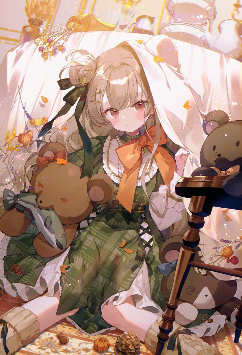 1girl bow bowtie brown_hair brown_socks cup dress green_dress hair_bun hair_ribbon highres ibara_riato original ribbon sitting socks solo stuffed_animal stuffed_toy teacup teddy_bear