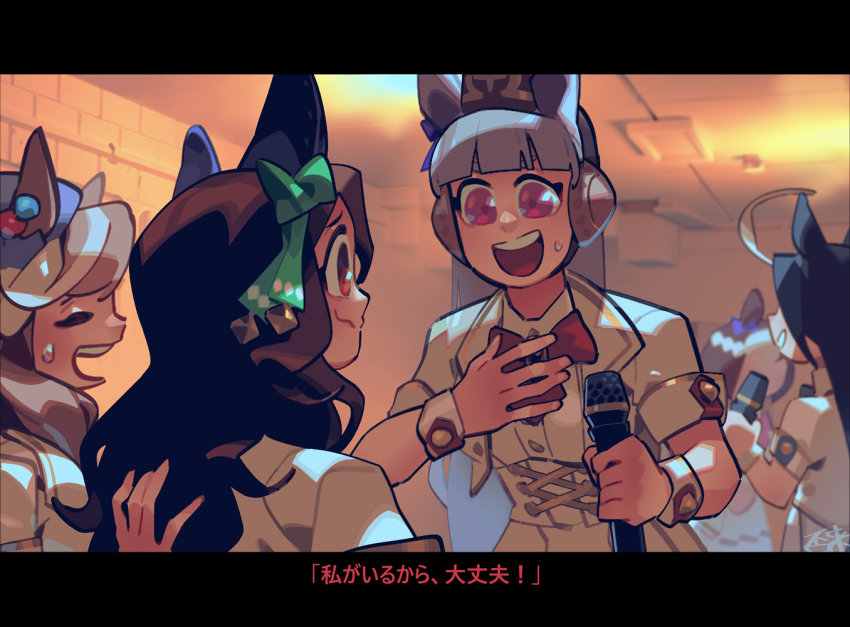5girls ahoge blunt_bangs bodice bow bowtie braid brown_hair closed_eyes commentary cropped_jacket ear_bow ear_covers ears_through_headwear french_braid gold_ship_(umamusume) green_bow hand_on_own_chest headgear holding holding_microphone horse_girl huge_ahoge inaki_shinrou indoors jacket king_halo_(umamusume) letterboxed long_hair manhattan_cafe_(umamusume) matikane_tannhauser_(umamusume) microphone multicolored_hair multiple_girls nervous_smile official_alternate_costume ogura_yui open_mouth pillbox_hat purple_bow purple_eyes real_life red_bow red_bowtie saeki_iori short_sleeves signature smile special_week_(umamusume) streaked_hair subtitled sweatdrop toono_hikaru translated two-tone_hair ueda_hitomi umamusume voice_actor_connection waki_azumi wavy_hair white_hair white_jacket wrist_cuffs