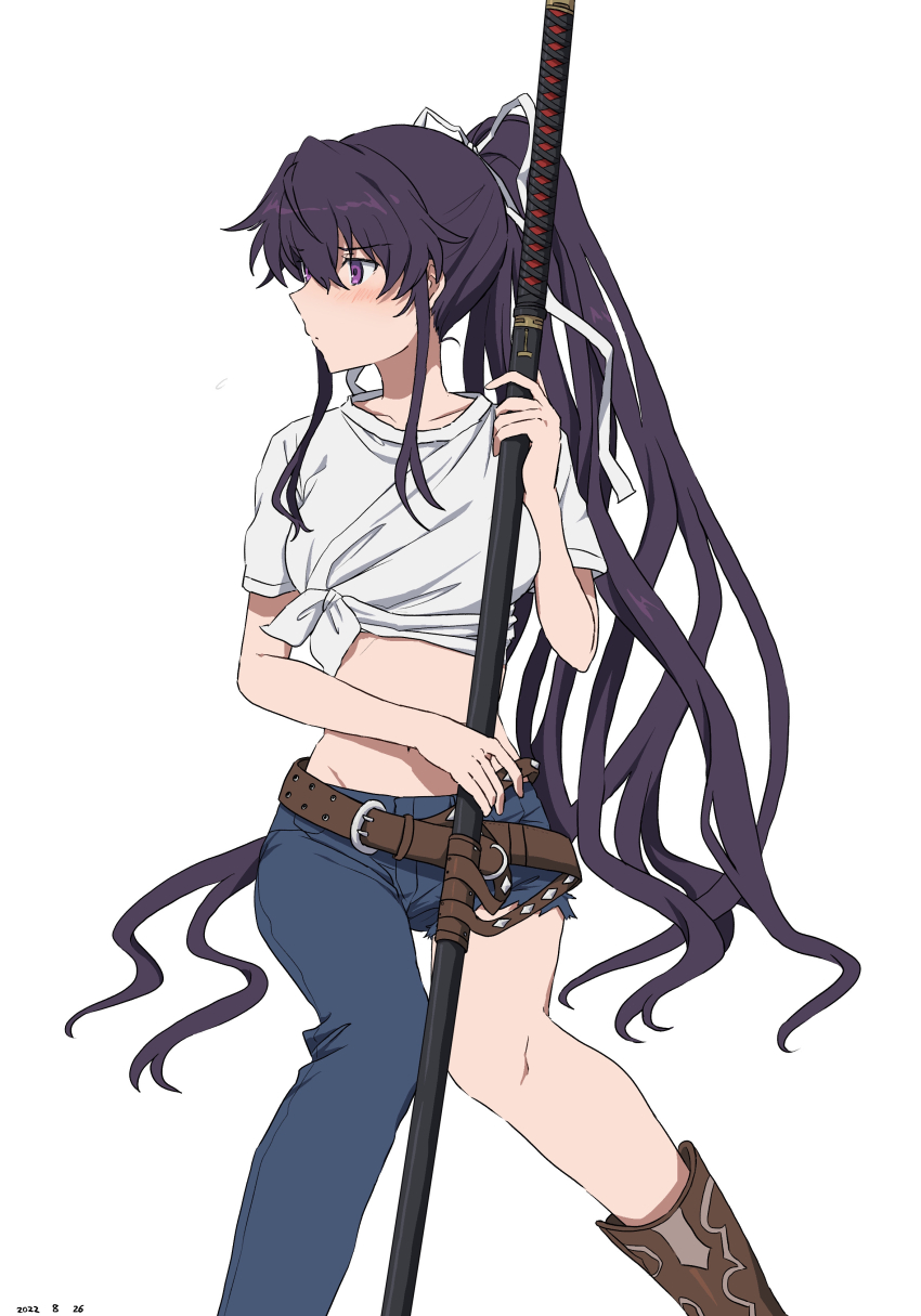 1girl absurdres asymmetrical_clothes belt black_hair boots breasts brown_belt brown_boots closed_mouth commentary_request cowboy_boots dated denim hair_ribbon highres holding holding_sword holding_weapon jeans kanzaki_kaori large_breasts long_hair looking_to_the_side navel ootachi pants ponytail profile purple_eyes ribbon sheath sheathed shichiten_shichitou shirt single_pantsleg solo sword takatisakana tied_shirt toaru_majutsu_no_index very_long_hair weapon white_background white_shirt
