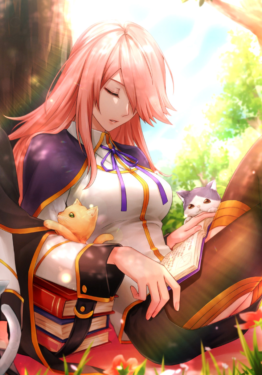2girls black_cape black_legwear black_skirt blazblue blazblue_alternative:_dark_war blazblue_phase_0 book book_stack breasts cape cat celica_a._mercury closed_eyes garden grass hair_over_one_eye hat unworn_hat unworn_headwear highres konoe_a._mercury large_breasts long_hair long_sleeves miniskirt multiple_girls official_art out_of_frame pencil_skirt pink_hair purple_cape purple_ribbon ribbon school_uniform siblings sisters skirt sleeping sunlight thighhighs tree under_tree