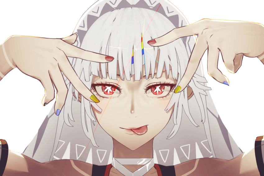 1girl :p altera_(fate) arms_up bare_shoulders blue_nails blunt_bangs fate/grand_order fate_(series) fingernails forehead_protector grey_hair i-pan long_fingernails looking_at_viewer nail_polish pose_imitation red_eyes red_nails short_hair smile solo tongue tongue_out upper_body veil yellow_nails