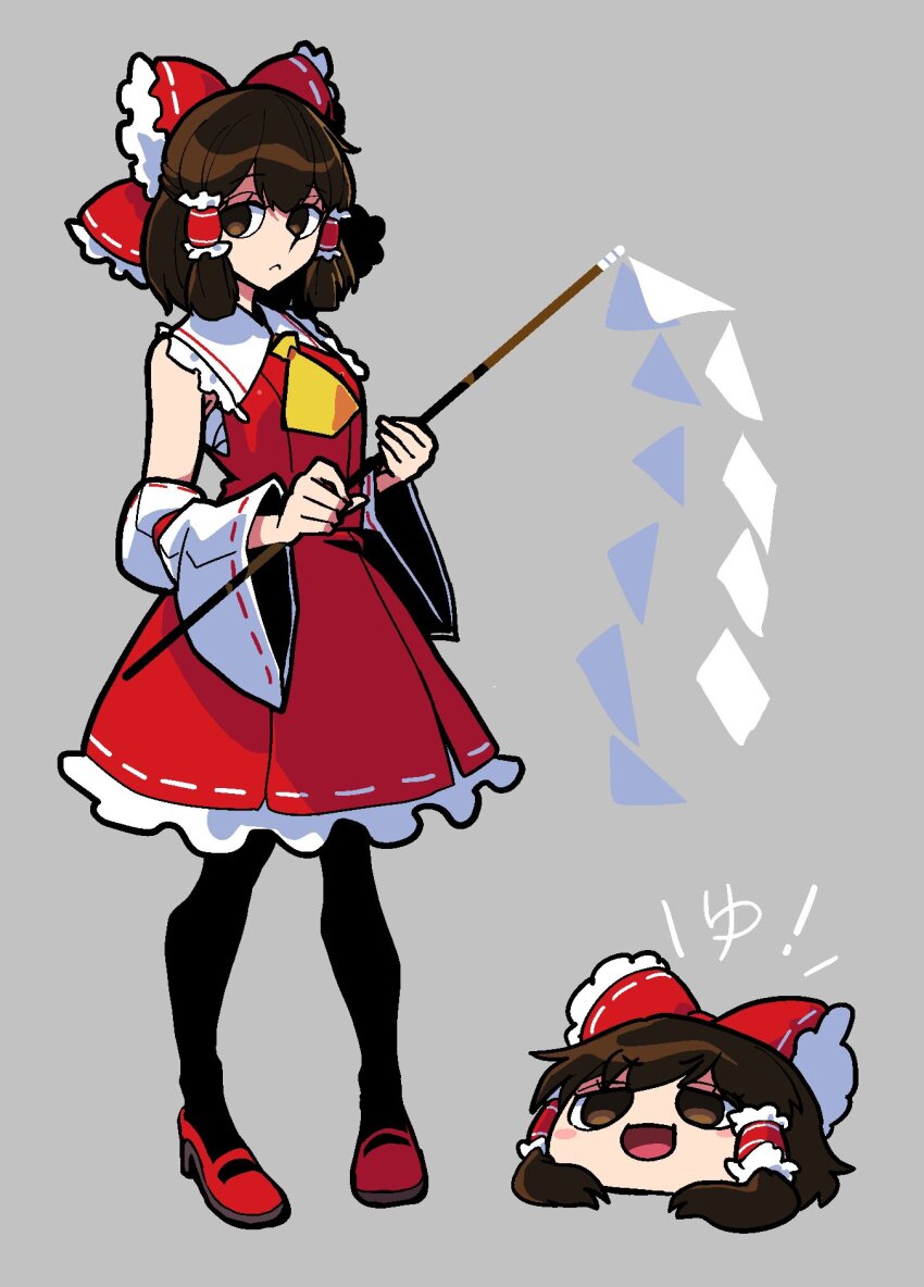 1girl ascot bare_shoulders black_pantyhose bow brown_hair detached_sleeves dress frilled_bow frilled_dress frilled_hair_tubes frills full_body gohei grey_background hair_bow hair_tubes hakurei_reimu high_heels highres holding holding_gohei iganashi1 looking_at_viewer meme nontraditional_miko open_mouth pantyhose red_dress red_shoes ribbon-trimmed_sleeves ribbon_trim sarashi shoes simple_background standing touhou yellow_ascot yukkuri_shiteitte_ne