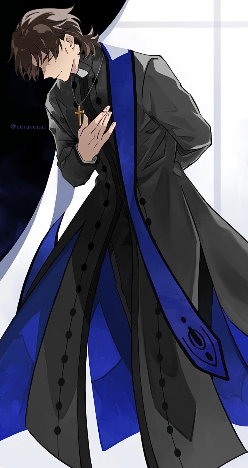 1boy black_robe brown_hair butler_bowing cassock clerical_collar closed_eyes cross cross_necklace fate/grand_order fate_(series) highres igote jewelry kotomine_kirei latin_cross long_sleeves necklace priest rasputin_(fate) robe short_hair stole terarenai