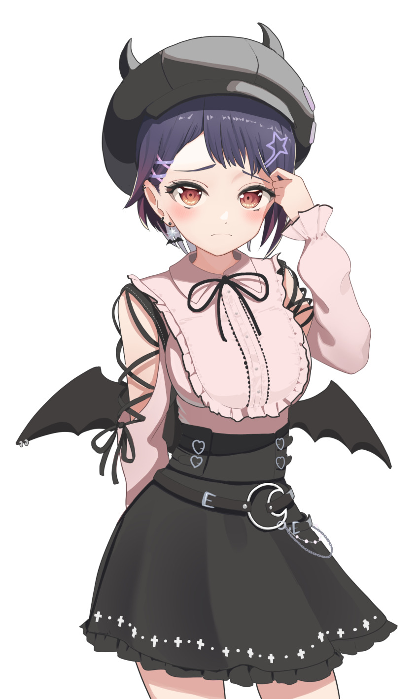 1girl aogiri_koukou bat_earrings belt black_belt black_skirt blush breasts demon_girl demon_wings earrings frilled_shirt frills hair_ornament hair_over_one_eye hairclip highres jewelry long_sleeves looking_at_viewer low_wings medium_breasts orange_eyes otodama_tamako pink_shirt purple_hair shirt short_hair simple_background skirt solo star_(symbol) star_hair_ornament taachika virtual_youtuber white_background wings