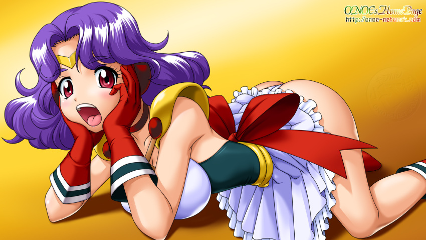 1990s_(style) 1girl :o ai_tenshi_densetsu_wedding_peach artist_name bad_id bad_pixiv_id bow choker female_focus frills gloves head_rest highres kawanami_hiromi looking_at_viewer magical_girl onoe orange_background panties purple_hair red_bow red_eyes red_gloves retro_artstyle shoulder_pads skirt solo tiara tongue underwear watermark web_address white_panties white_skirt