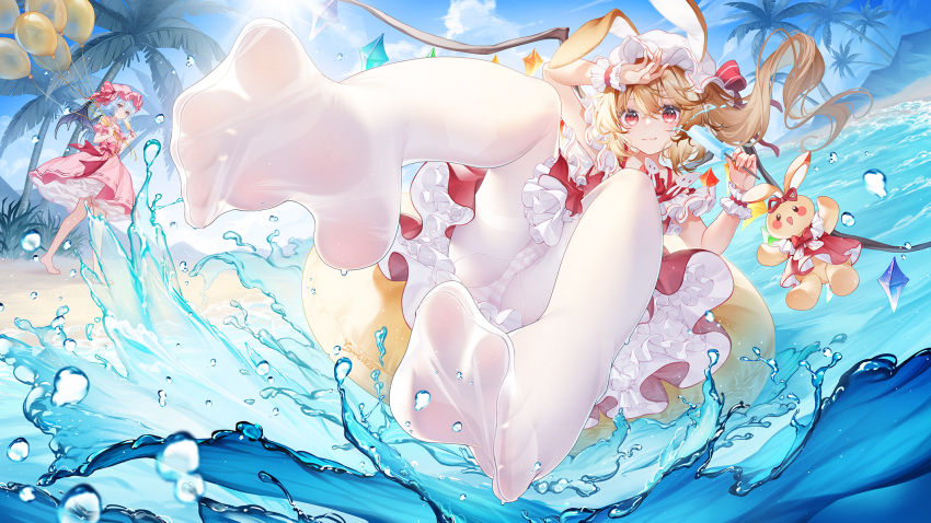 2girls blonde_hair dress flandre_scarlet frilled_dress frills highres multiple_girls panties pantyhose red_eyes remilia_scarlet soles suaynnai_wanzi touhou underwear water white_pantyhose