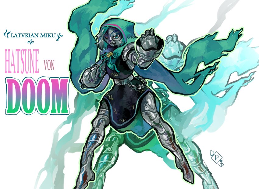 1girl absurdres armor cape cosplay crossover doctor_doom drizzlingprince full_body hatsune_miku highres hood long_hair looking_at_viewer marvel mask solo vocaloid worldwide_miku
