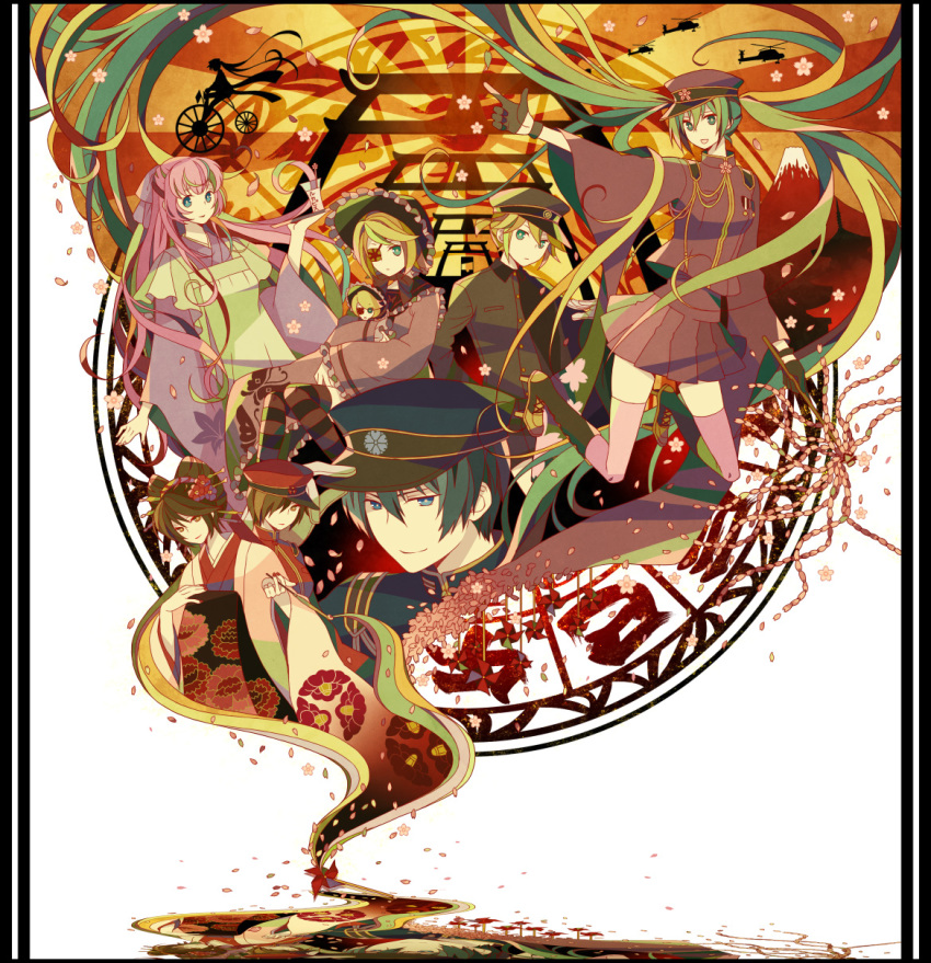2boys 4girls aqua_eyes aqua_hair blonde_hair blue_eyes cherry_blossoms eyepatch green_hair hat hatsune_miku highres japanese_clothes kagamine_len kagamine_len_(ni_no_sakura_senbu) kagamine_rin kagamine_rin_(ni_no_sakura_kouchou) kaito_(rei_no_sakura_sousetsu)_(vocaloid) kaito_(vocaloid) kiseru long_hair megurine_luka megurine_luka_(san_no_sakura_fuuka) meiko_(rei_no_sakura_benitsubaki)_(vocaloid) meiko_(vocaloid) multiple_boys multiple_girls peaked_cap petals pink_hair project_diva_(series) project_diva_f revision senbon-zakura_(vocaloid) short_hair skirt smile smoking_pipe thighhighs torii twintails very_long_hair vocaloid yuuno_(yukioka) zettai_ryouiki