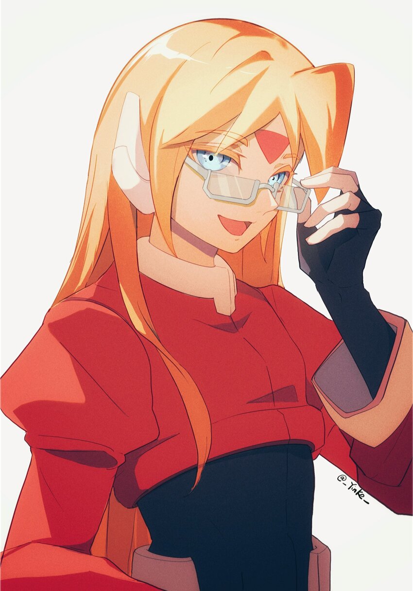 1boy adjusting_eyewear android bishounen black_bodysuit blonde_hair blue_eyes bodysuit bodysuit_under_clothes cropped_jacket facial_mark forehead_mark girouette_(mega_man) glasses highres jacket long_hair long_sleeves looking_at_viewer mega_man_(series) mega_man_zx pants red_jacket semi-rimless_eyewear simple_background solo twitter_username under-rim_eyewear upper_body white_background white_pants yinke