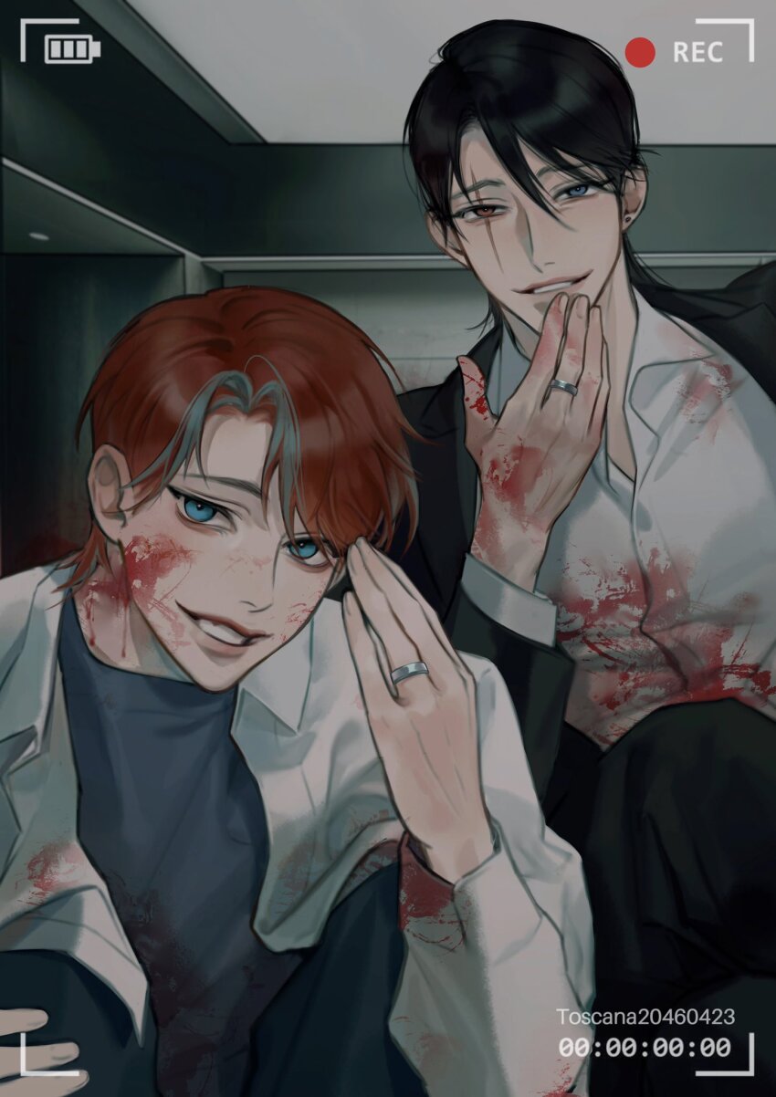 2boys artist_name black_hair black_jacket black_pants blood blood_on_clothes blood_on_face blood_on_hands blood_on_neck blue_eyes commentary earrings english_commentary fingernails grey_hair grey_pants grey_shirt hair_between_eyes heterochromia highres indoors jacket jewelry looking_at_viewer male_focus multicolored_hair multiple_boys open_clothes open_jacket original pants parted_lips recording red_eyes red_hair ring shirt short_hair sitting smile squatting streaked_hair teeth thick_lips toscana20460423 twitter_username two-tone_hair upper_body white_jacket white_shirt