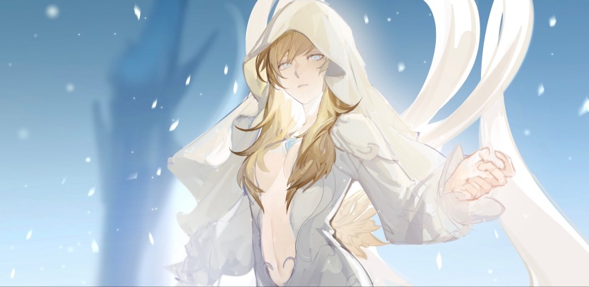 1girl alternate_costume alternate_hair_color blonde_hair blue_background blue_eyes blurry blurry_background breasts breasts_apart center_opening chinese_commentary commentary corruption dark_persona dress final_fantasy final_fantasy_xiv highres light_particles linea_alba looking_at_viewer medium_breasts meru02295238 official_alternate_costume official_alternate_hair_color possessed possession puffy_sleeves ryne_waters shiva_(final_fantasy) snowing solo square_enix upper_body veil white_dress